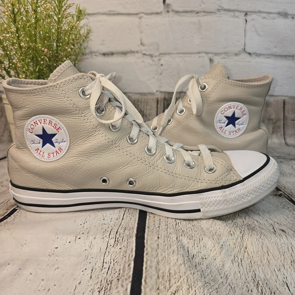 CONVERSE CHUCK TAYLOR ALL-STAR HIGH TOP LEATHER BEIGE MENS 8 WOMENS 10 EUC - Picture 8 of 12